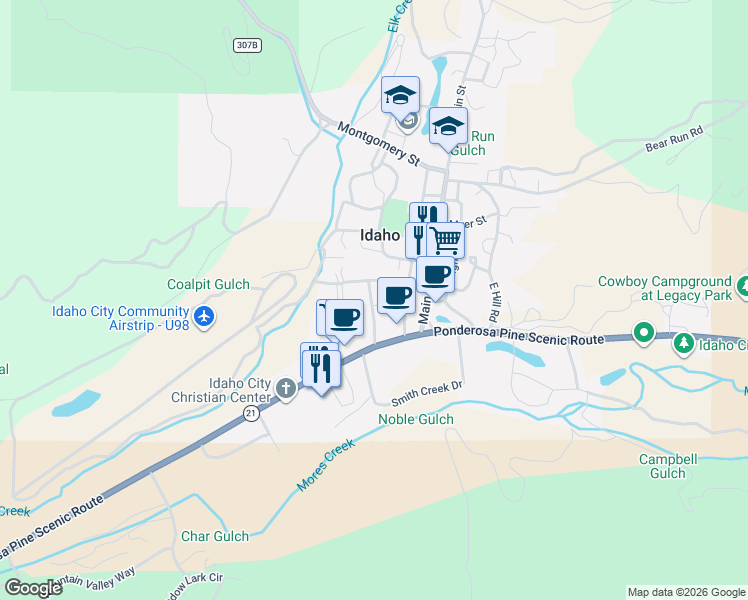 map of restaurants, bars, coffee shops, grocery stores, and more near 301 Walulla Road in Idaho City
