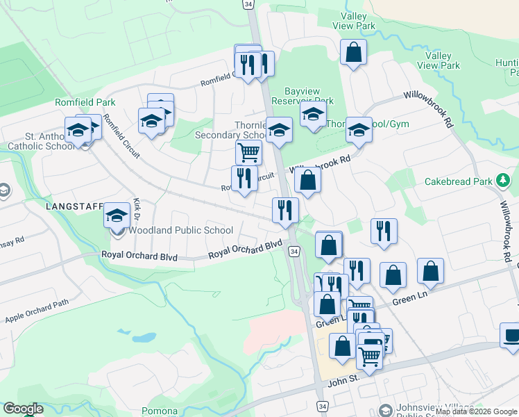 map of restaurants, bars, coffee shops, grocery stores, and more near 57 Kindale Way in Markham