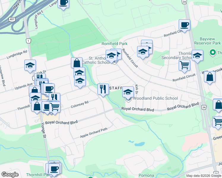map of restaurants, bars, coffee shops, grocery stores, and more near 31 Portree Crescent in Markham