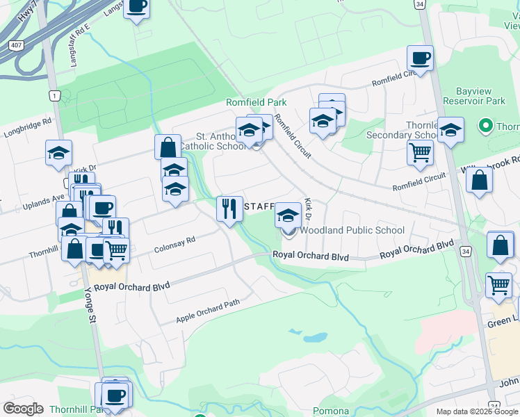map of restaurants, bars, coffee shops, grocery stores, and more near 25 Portree Crescent in Markham