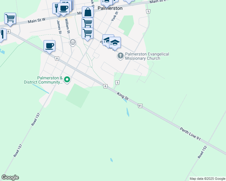 map of restaurants, bars, coffee shops, grocery stores, and more near King Street & Toronto Street in Palmerston