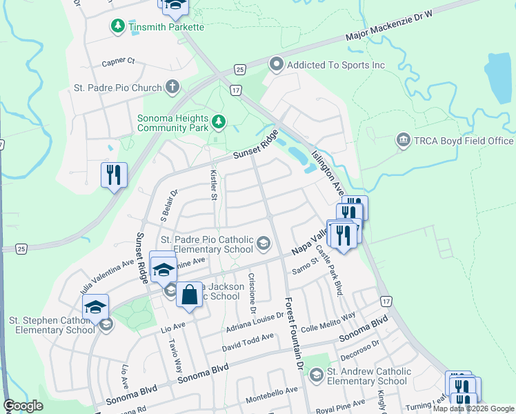 map of restaurants, bars, coffee shops, grocery stores, and more near 51 Monterey Road in Vaughan