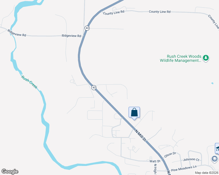 map of restaurants, bars, coffee shops, grocery stores, and more near 44476 Hillview Drive in Rushford