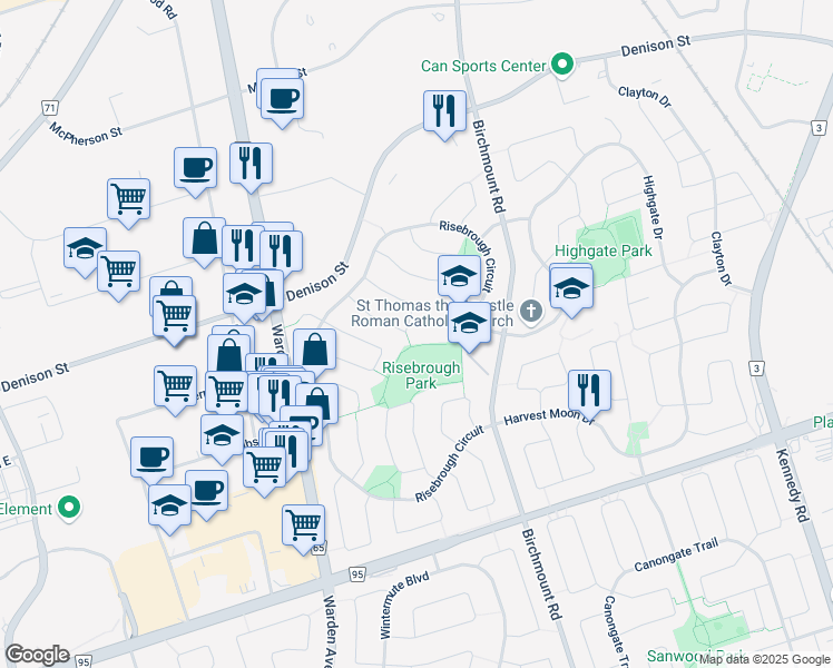 map of restaurants, bars, coffee shops, grocery stores, and more near in Markham