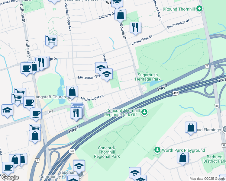 map of restaurants, bars, coffee shops, grocery stores, and more near 138 Maple Sugar Lane in Vaughan