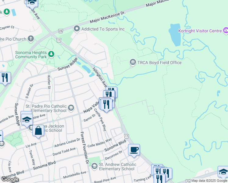 map of restaurants, bars, coffee shops, grocery stores, and more near 9681 Islington Avenue in Vaughan