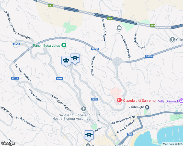 map of restaurants, bars, coffee shops, grocery stores, and more near 1 Strada A. San Pietro in Sanremo