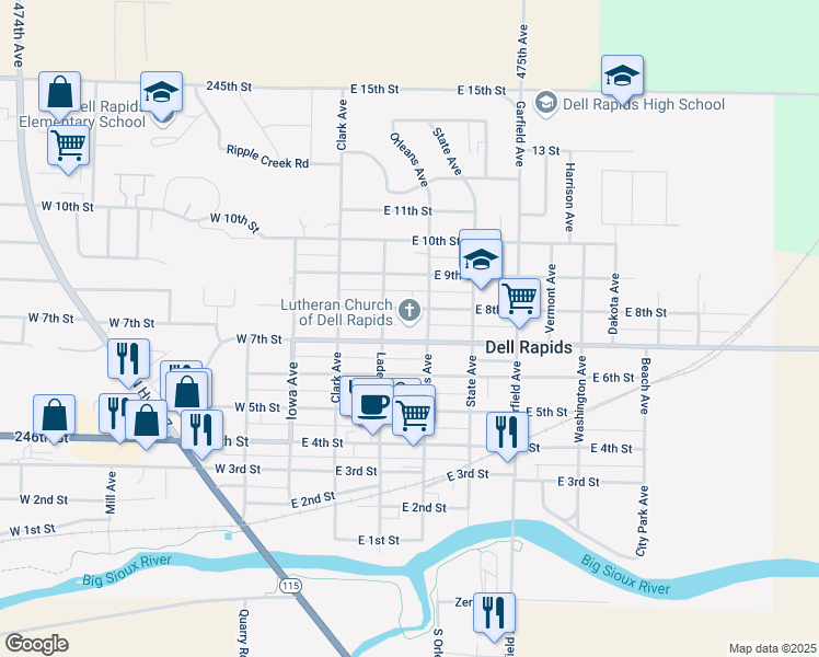map of restaurants, bars, coffee shops, grocery stores, and more near 701 Orleans Avenue in Dell Rapids