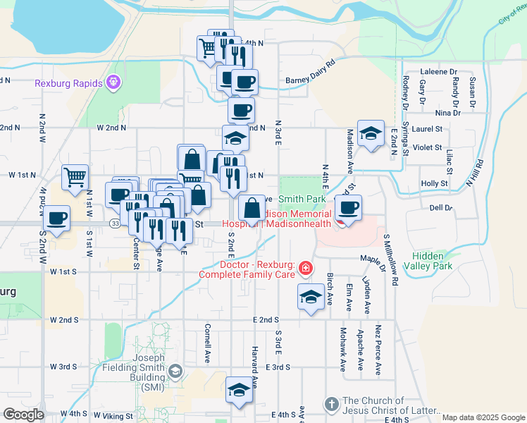 map of restaurants, bars, coffee shops, grocery stores, and more near 37 North 3rd East in Rexburg