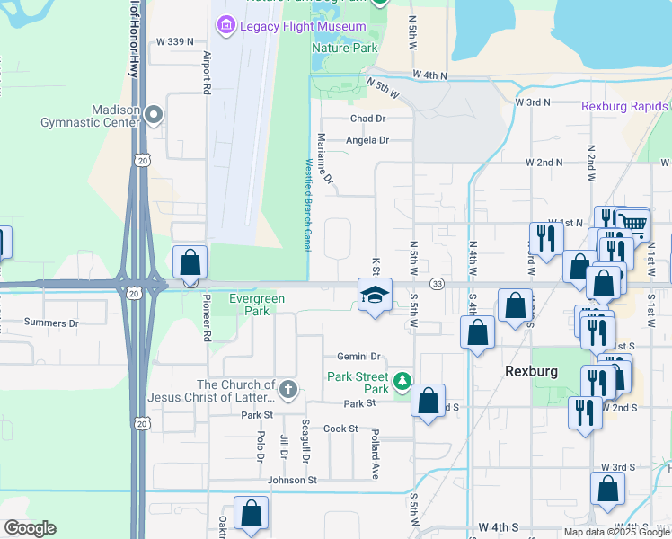 map of restaurants, bars, coffee shops, grocery stores, and more near 15 North 6th West in Rexburg
