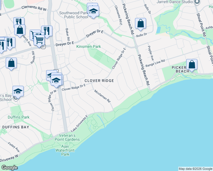 map of restaurants, bars, coffee shops, grocery stores, and more near 2 Callen Court in Ajax