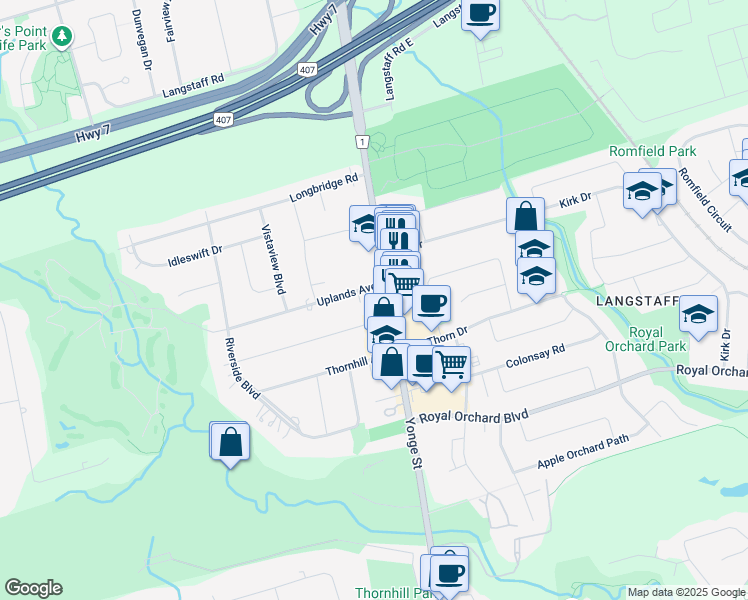 map of restaurants, bars, coffee shops, grocery stores, and more near in Vaughan
