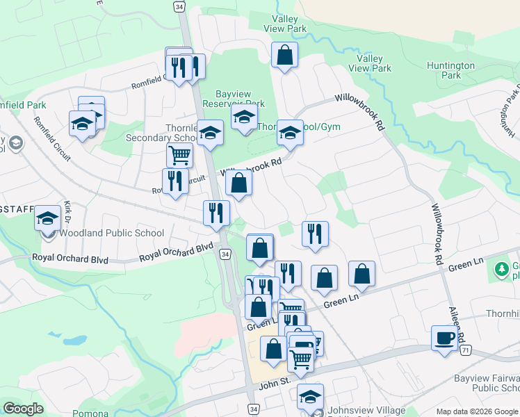 map of restaurants, bars, coffee shops, grocery stores, and more near 29 West Borough Street in Markham
