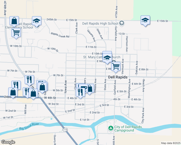 map of restaurants, bars, coffee shops, grocery stores, and more near 701 Orleans Avenue in Dell Rapids