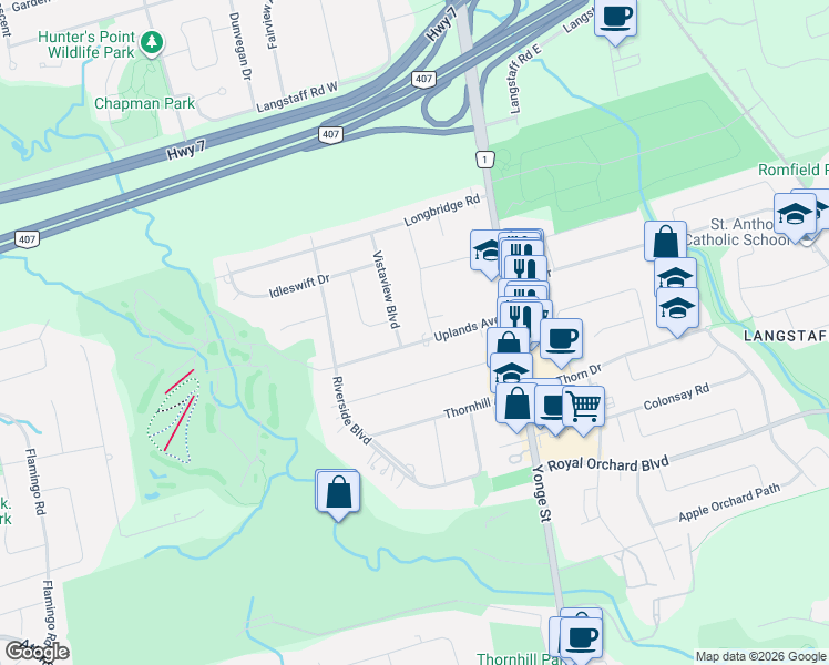 map of restaurants, bars, coffee shops, grocery stores, and more near 20 Uplands Avenue in Vaughan