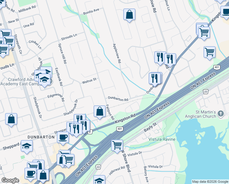 map of restaurants, bars, coffee shops, grocery stores, and more near 1610 Goldenridge Road in Pickering