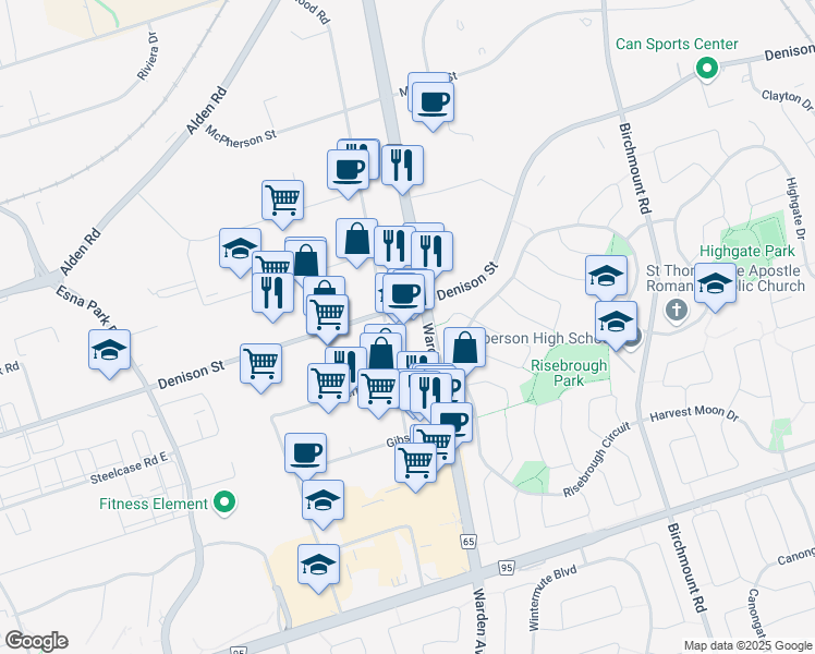 map of restaurants, bars, coffee shops, grocery stores, and more near 7170 Warden Avenue in Markham