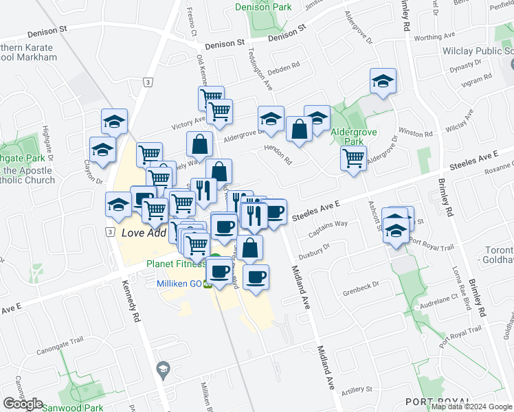 map of restaurants, bars, coffee shops, grocery stores, and more near in Markham