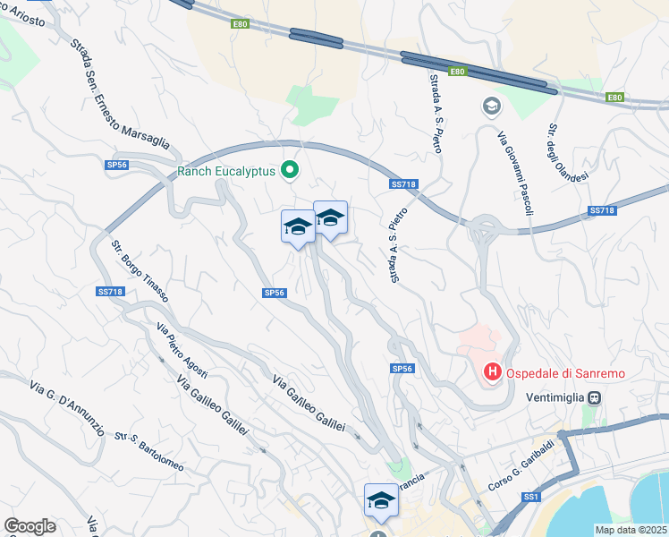 map of restaurants, bars, coffee shops, grocery stores, and more near 347 Via San Francesco in Sanremo
