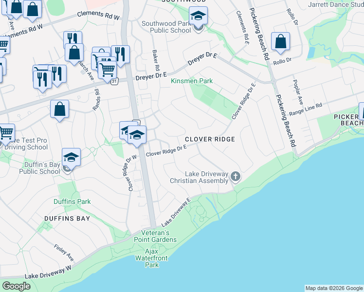 map of restaurants, bars, coffee shops, grocery stores, and more near 72 Clover Ridge Drive East in Ajax