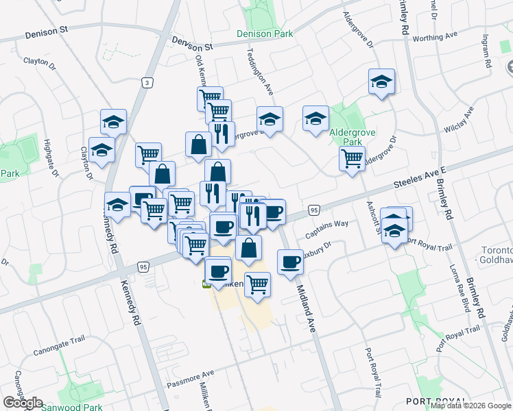 map of restaurants, bars, coffee shops, grocery stores, and more near 1 Sun Yat-Sen Avenue in Markham
