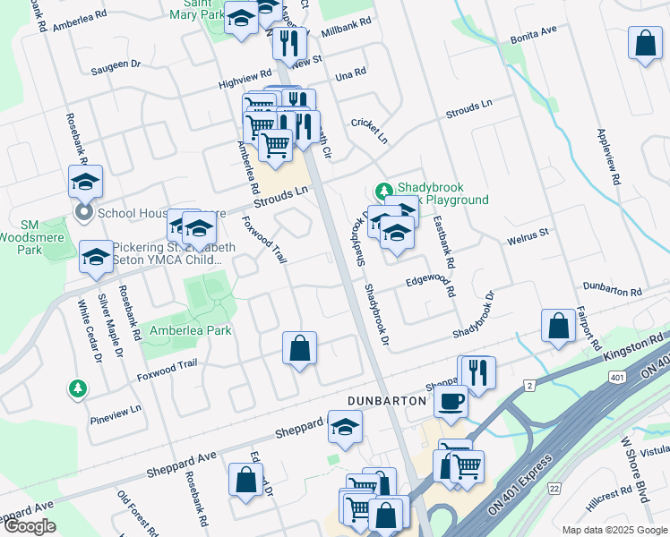 map of restaurants, bars, coffee shops, grocery stores, and more near 633 Flavelle Court in Pickering