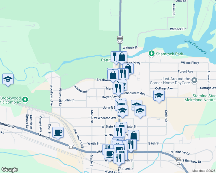map of restaurants, bars, coffee shops, grocery stores, and more near 202 Mary Street in Clare