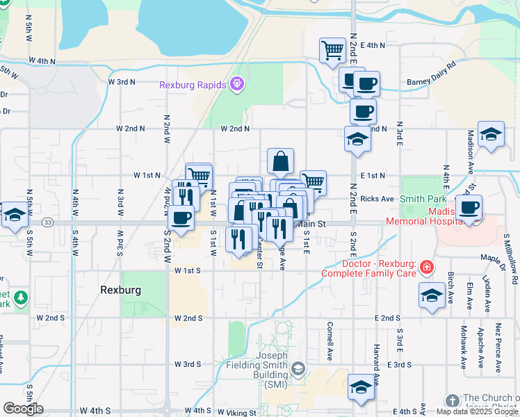map of restaurants, bars, coffee shops, grocery stores, and more near 25 North Center Street in Rexburg