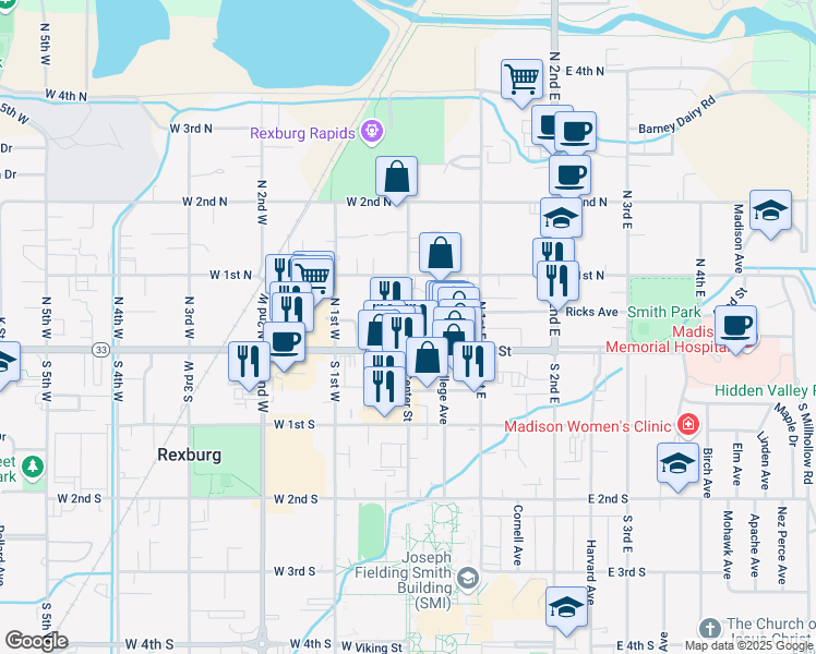 map of restaurants, bars, coffee shops, grocery stores, and more near 25 North Center Street in Rexburg