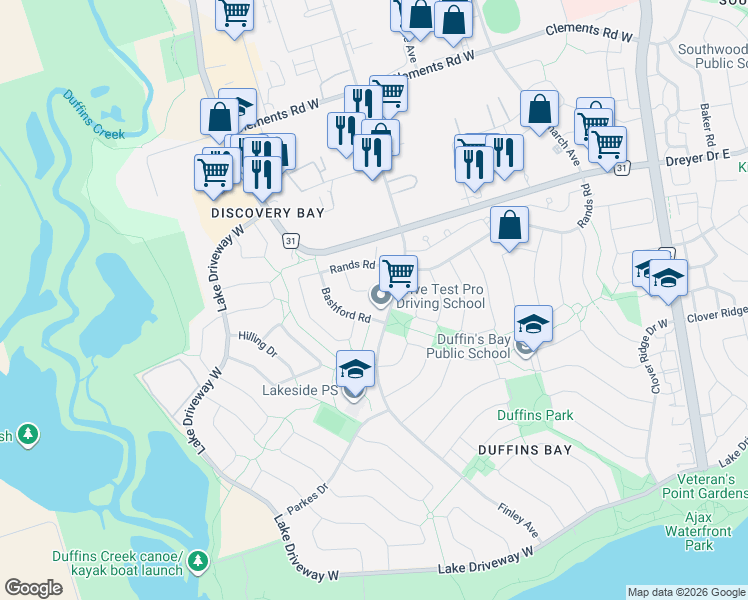 map of restaurants, bars, coffee shops, grocery stores, and more near 28 Empson Court in Ajax