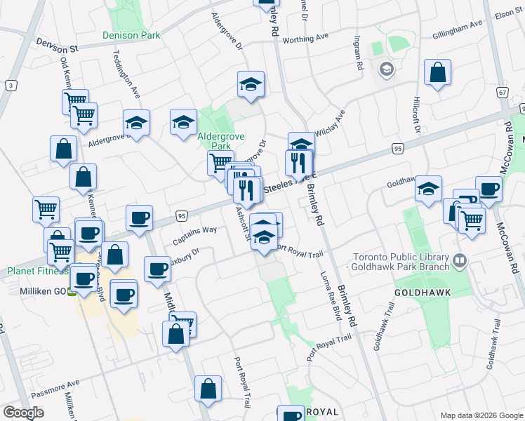 map of restaurants, bars, coffee shops, grocery stores, and more near 103 Scoville Square in Toronto
