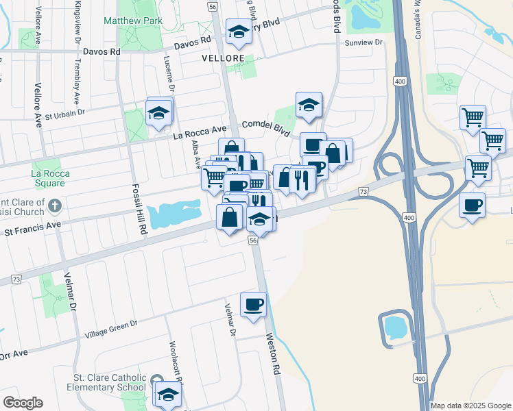 map of restaurants, bars, coffee shops, grocery stores, and more near 9311 Weston Road in Vaughan