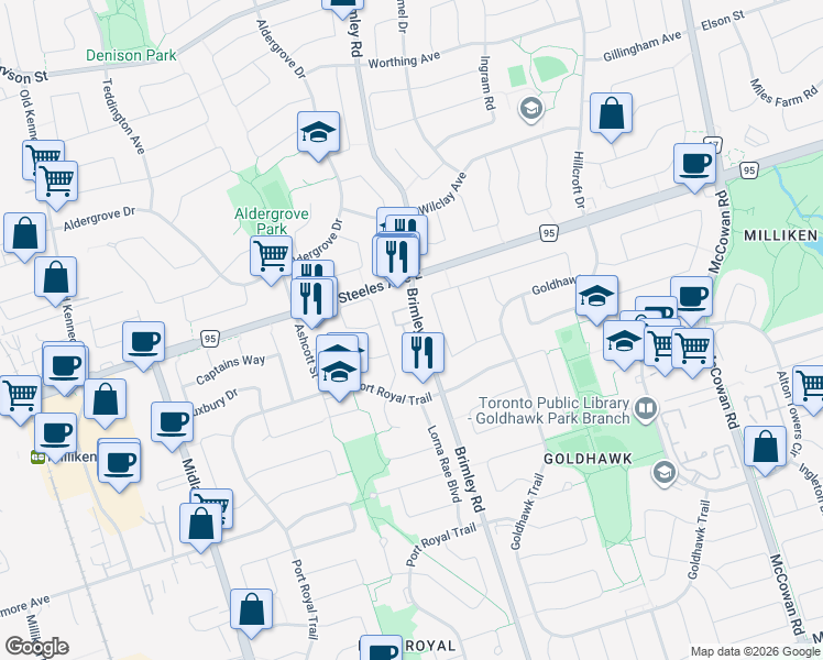 map of restaurants, bars, coffee shops, grocery stores, and more near in Toronto