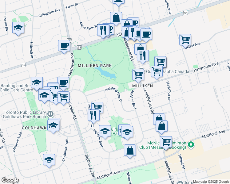map of restaurants, bars, coffee shops, grocery stores, and more near 80 Whistling Hills Drive in Toronto