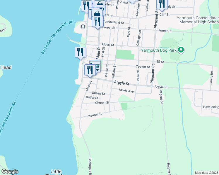 map of restaurants, bars, coffee shops, grocery stores, and more near 5 Forbes Street in Yarmouth