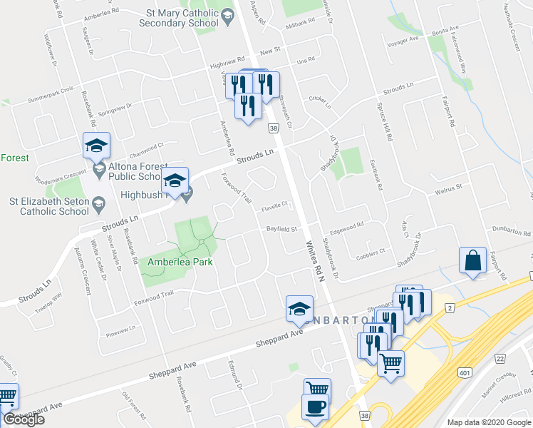map of restaurants, bars, coffee shops, grocery stores, and more near 607 Flavelle Court in Pickering