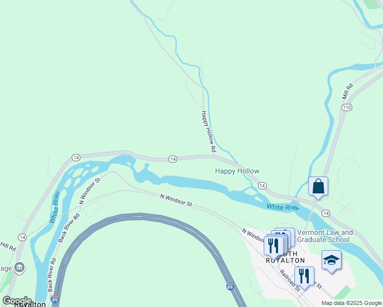 map of restaurants, bars, coffee shops, grocery stores, and more near 2930 Vermont 14 in Royalton