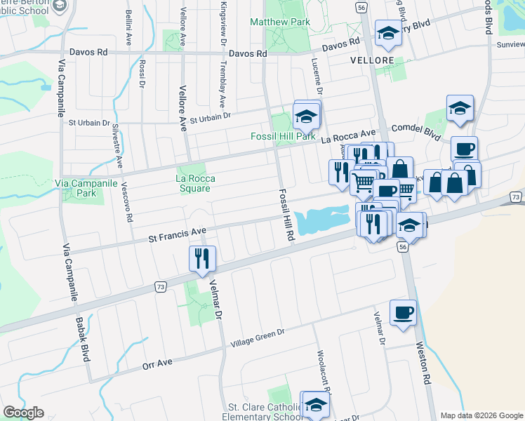map of restaurants, bars, coffee shops, grocery stores, and more near 35 Fontebella Avenue in Vaughan