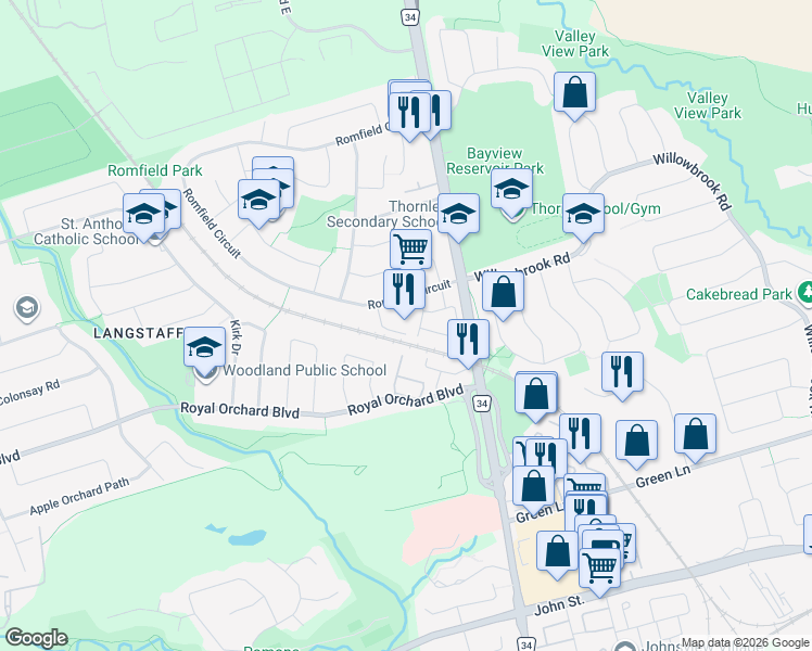 map of restaurants, bars, coffee shops, grocery stores, and more near 27 Romfield Circuit in Markham