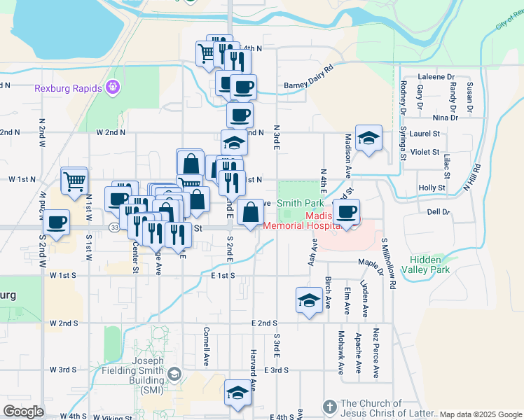 map of restaurants, bars, coffee shops, grocery stores, and more near 255 East Main Street in Rexburg