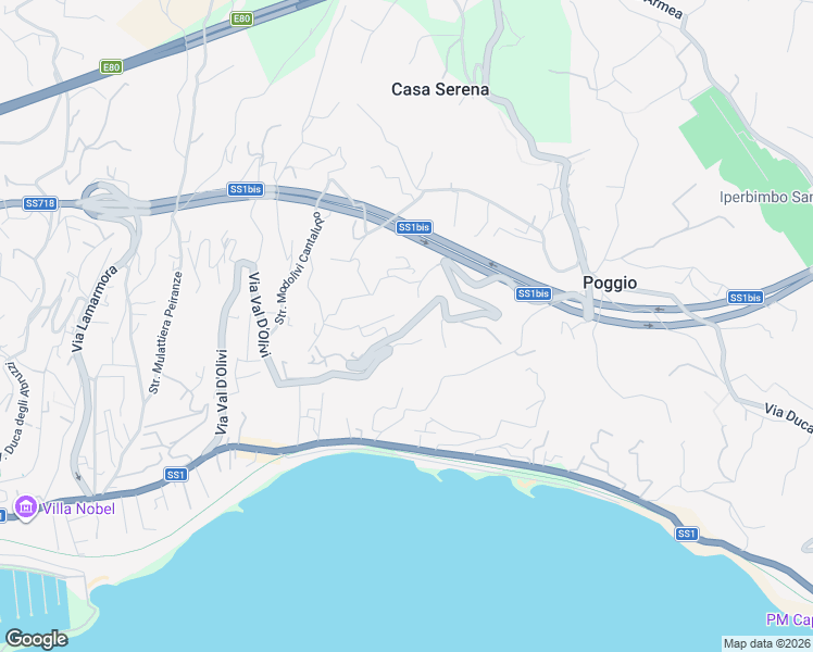 map of restaurants, bars, coffee shops, grocery stores, and more near 194 Via Val D'Olivi in Sanremo