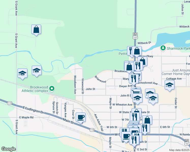 map of restaurants, bars, coffee shops, grocery stores, and more near 307 Briarwood in Clare