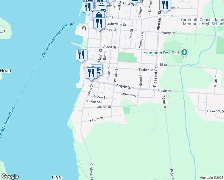 map of restaurants, bars, coffee shops, grocery stores, and more near 5 Forbes Street in Yarmouth