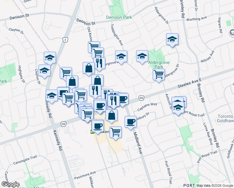 map of restaurants, bars, coffee shops, grocery stores, and more near 1 Sun Yat-Sen Avenue in Markham