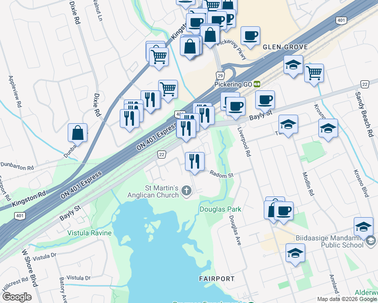 map of restaurants, bars, coffee shops, grocery stores, and more near 1235 Bayly Street in Pickering