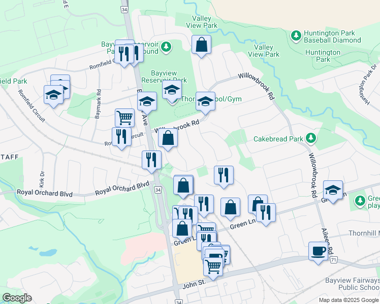 map of restaurants, bars, coffee shops, grocery stores, and more near 27 Tamarack Drive in Markham