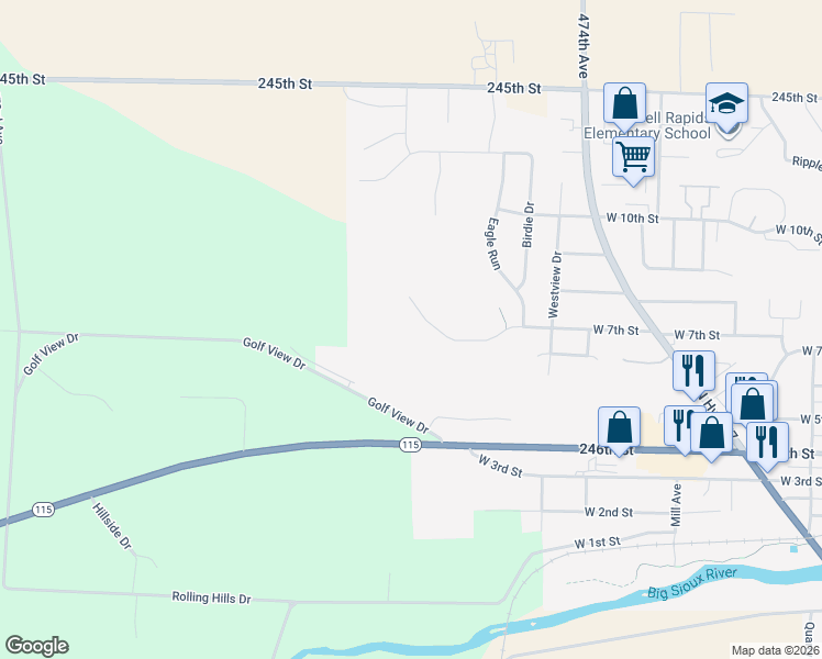 map of restaurants, bars, coffee shops, grocery stores, and more near 905 Par Lane in Dell Rapids