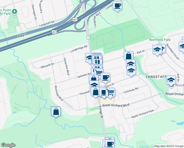 map of restaurants, bars, coffee shops, grocery stores, and more near 8188 Yonge Street in Vaughan