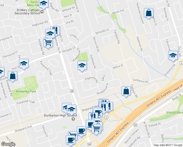 map of restaurants, bars, coffee shops, grocery stores, and more near 1743 Meadowview Avenue in Pickering