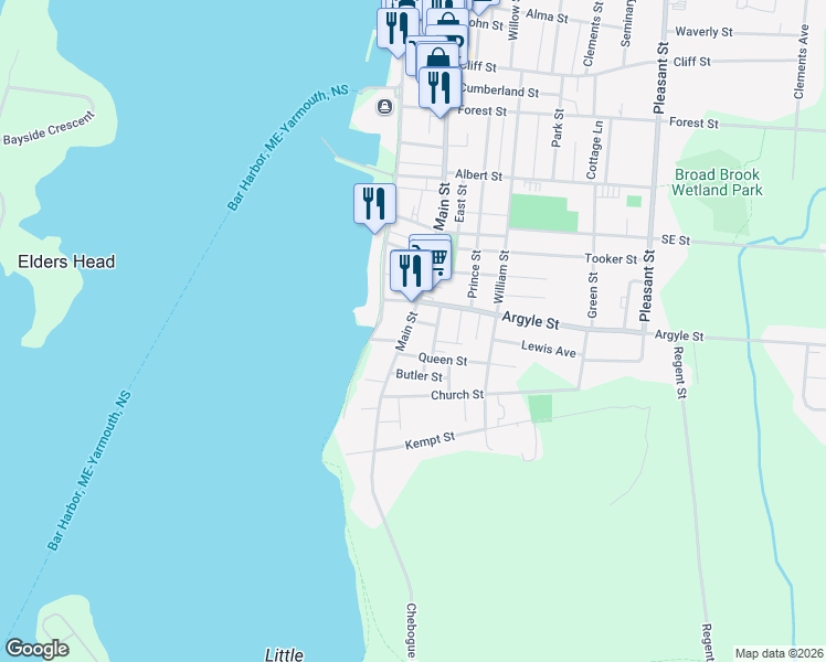 map of restaurants, bars, coffee shops, grocery stores, and more near 73 Main Street in Yarmouth